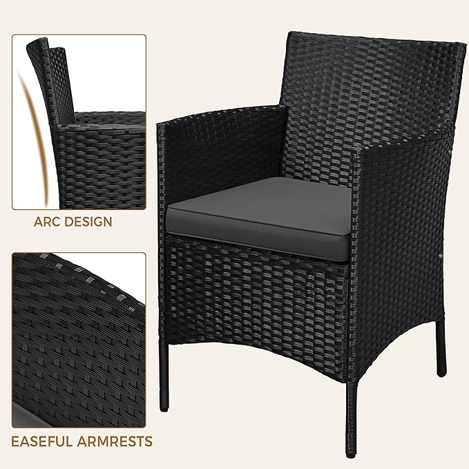 3 Pieces Patio Porch Furniture Set, Outdoor PE Rattan Wicker Conversation Set with Soft Cushions, Glass Coffee Table & 2 Chairs