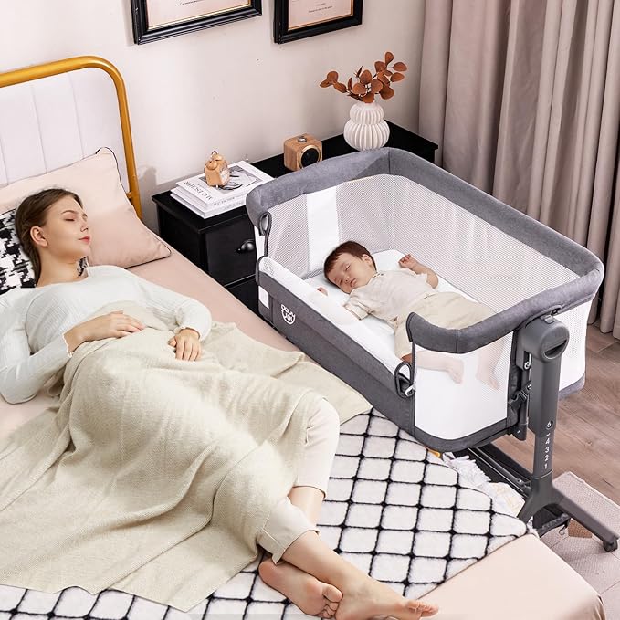 Bassinet, 3 in 1 Rocking Bedside Bassinet w/Storage Basket, Universal Wheels, Adjustable Height, Mattress, Net & Portable Bag, Carriable Crib Baby Bassinets Bedside Sleeper (Gray)