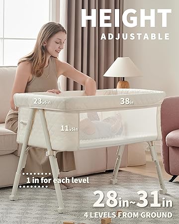 Bassinet Bedside Sleeper, Baby Crib for Newborn, Baby Bassinets Bedside Sleeper with 4 Auto-Lock & Adjustable Height, Breathable Mesh & Mattress, Bedside Bassinet