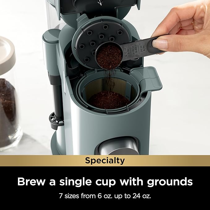 Pods & Grounds Specialty Single-Serve Coffee Maker, K-Cup Pod Compatible, Built-In Milk Frother, Travel Mug Sizes, Iced Coffee Maker, Sage Green