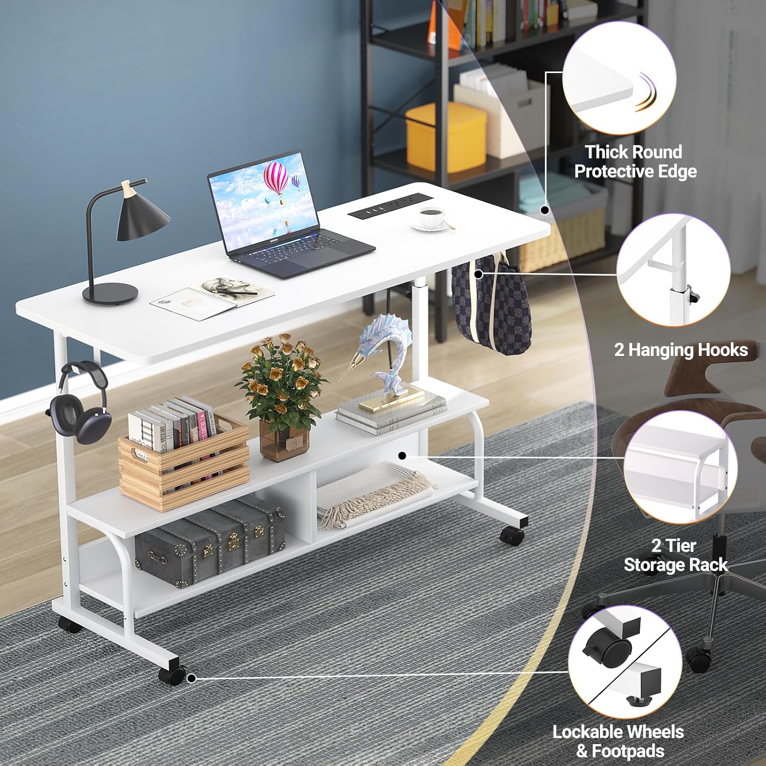 Height Adjustable Standing Desk with Power Outlets, Manual Stand Up Desk, White