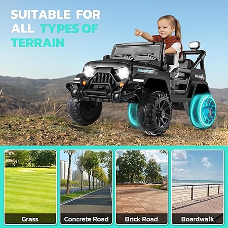 Electric Ride on Car - 12V Battery Powered Cars with Parent Remote Control, LED Lights, 3 Speeds, Spring Suspension, Seat Belt, MP3, Electric Truck, Black