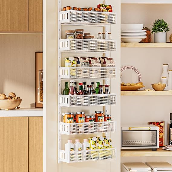 6-Tier Over The Door Pantry Organizer with Mesh Baskets, Adjustable & Stable Hanging Spice Rack