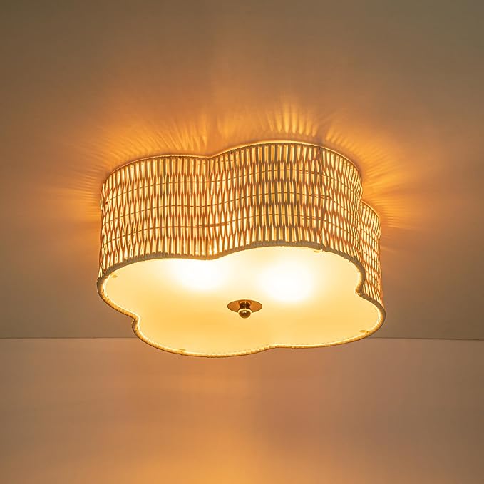 2-Light Rattan Ceiling Flush Mount with Glass Bottom