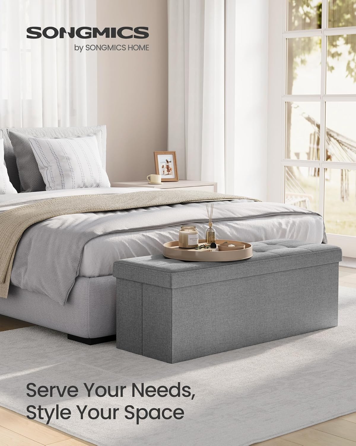 MAZIE Collection - Folding Storage Ottoman Bench, Ottoman Foot Rest, End of Bed Bench, Storage Chest, Light Gray