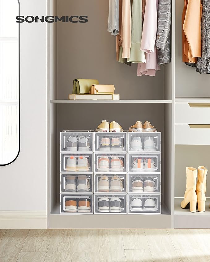 Shoe Boxes, Pack of 12, Stackable, Sneakers, Transparent and White