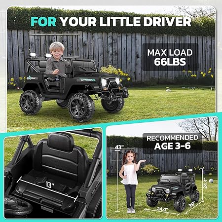 Electric Ride on Car - 12V Battery Powered Cars with Parent Remote Control, LED Lights, 3 Speeds, Spring Suspension, Seat Belt, MP3, Electric Truck, Black