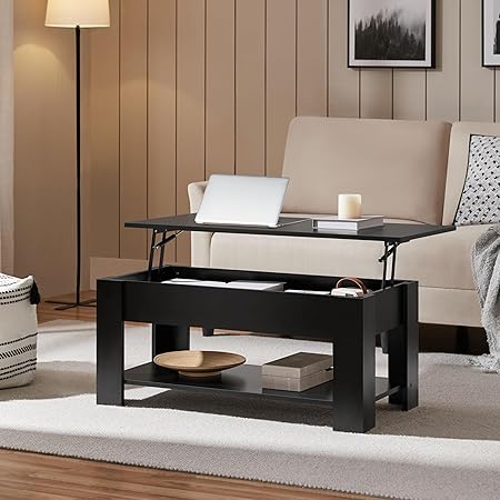 Wooden Coffee Table, Lift Top Coffee Table with Large Hidden Storage Shelf, Lift Tabletop Dining Table, Black