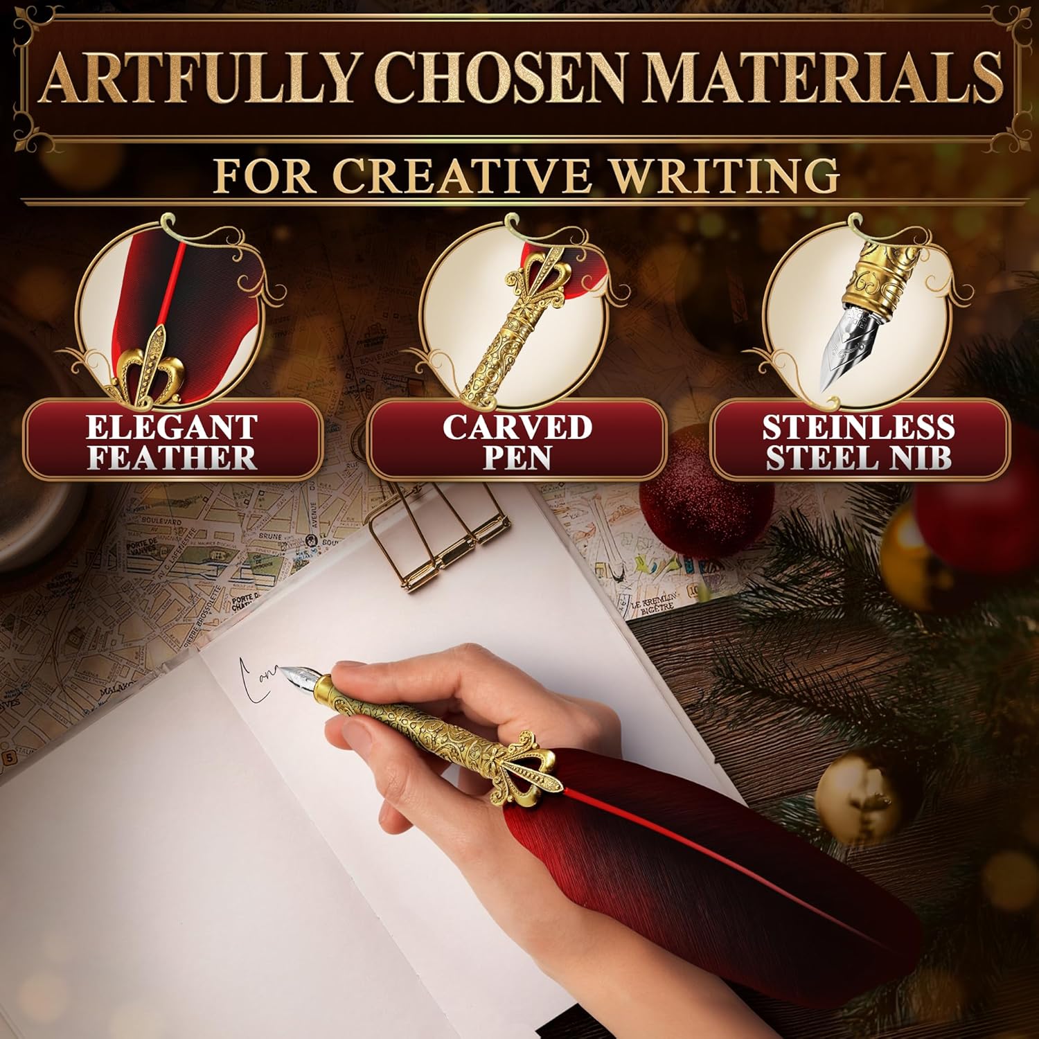 Antique Feather Pen and Ink Set -  Red Feather Quill Pen and Ink Set with Stainless Steel Nib