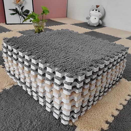 Fluffy Square Tiles with 12 Edgings Soft Anti-Slip Puzzle Area Rug Playmat, final cut