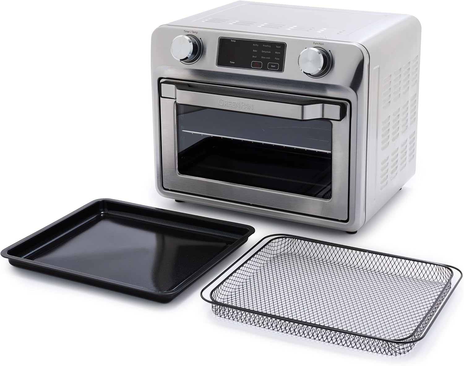 Bistro Stainless Steel 9-in-1 Air Fry Oven, Nonstick Baking Pan, Stainless Steel Rack, and Basket, Fast Heating, Multifunction Presets, Cool-Touch Handle, PFAS-Free, Easy Cleanup Crumb Tray