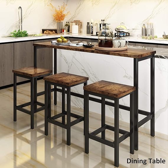 4-Piece Counter Height Extra Long Dining Table Set with 3 Stools and Side Table with Footrest Pub Kitchen Set, Brown