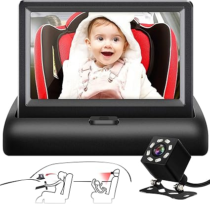 Baby Car Mirror, HD Night Vision Function Car Mirror Display, Safety Car Seat Mirror Camera Monitored Mirror with Wide Crystal Clear View, Aimed at Baby, Easily Observe the Baby’s Move(Not USB)