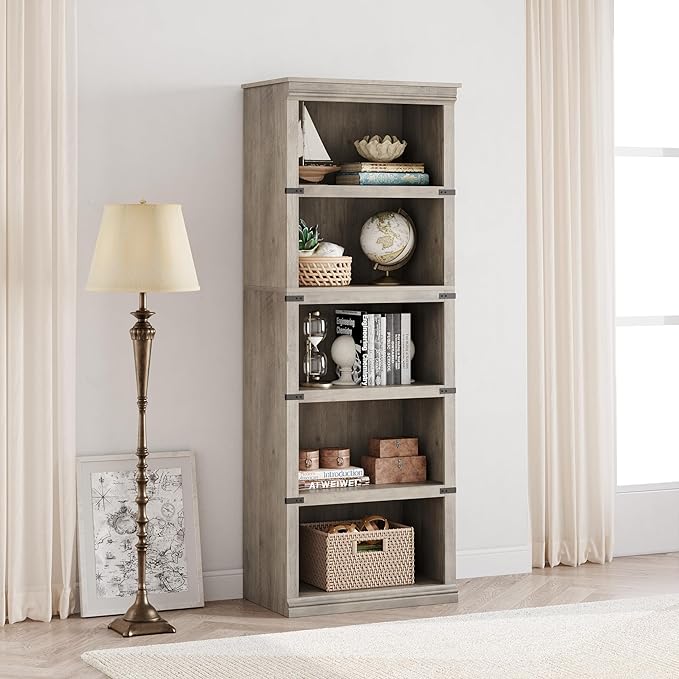 5 Tier Bookcase, Farmhouse Book Shelf with Storage