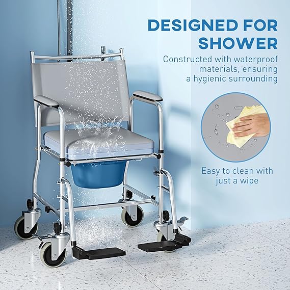 3 in 1 Shower Commode Wheelchair with 4 Lockable Wheels