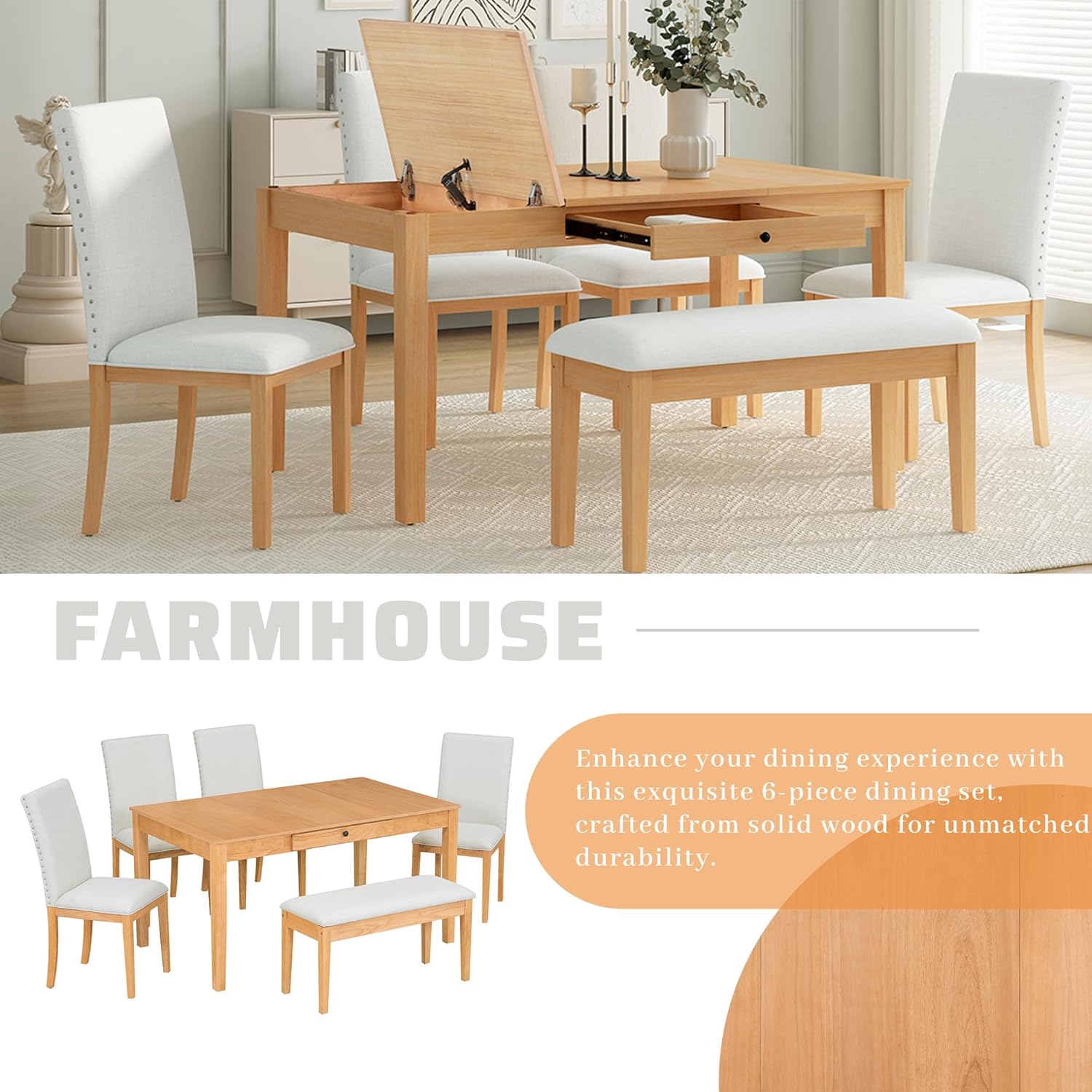 Farmhouse 6-Piece Dining Table Set with Storage Table, Kitchen Table Set with Drawer, Storable Bench and Upholstered Dining Chairs (Natural+Beige)