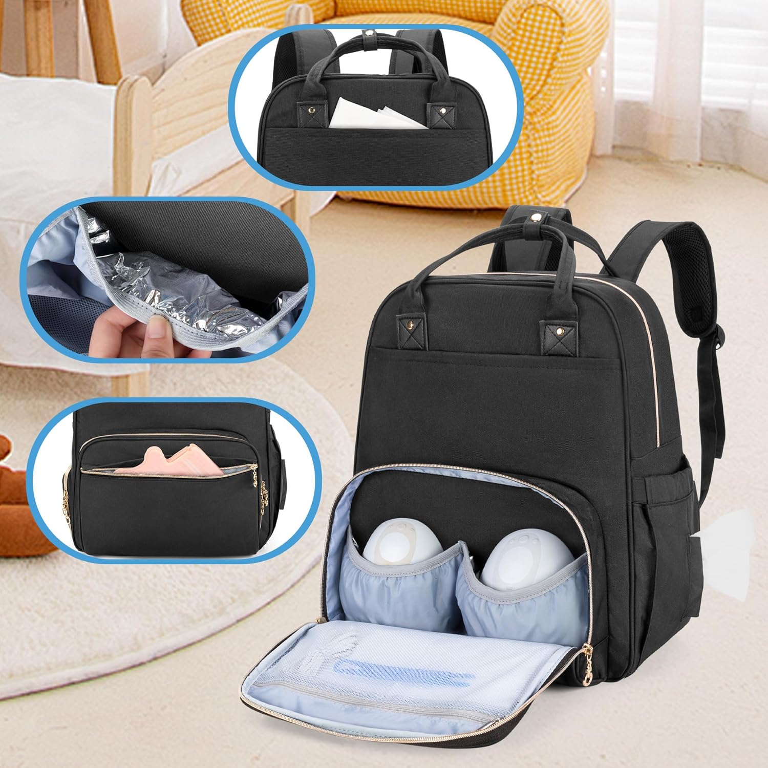 Wearable Breast Pump Bag with Cooler and Laptop Sleeve (Compatible with Elvie and Momcozy Breast Pump), Breast Pump Backpack for Wearable Breast Pump (Patent Pending), Black