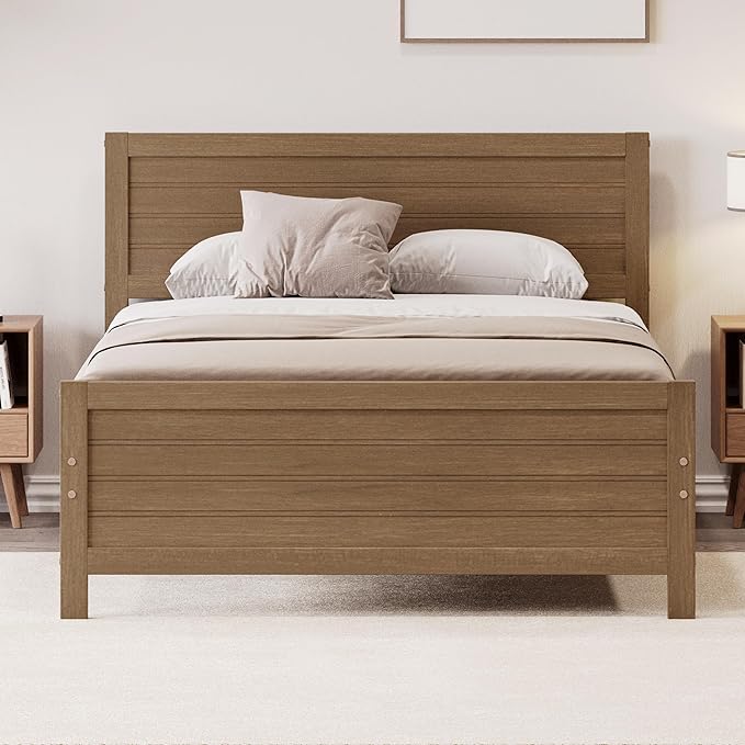 Full Size Wood Platform Bed Frame with Headboard, Mattress Foundation with Wood Slat Support, No Box Spring Needed, Walnut