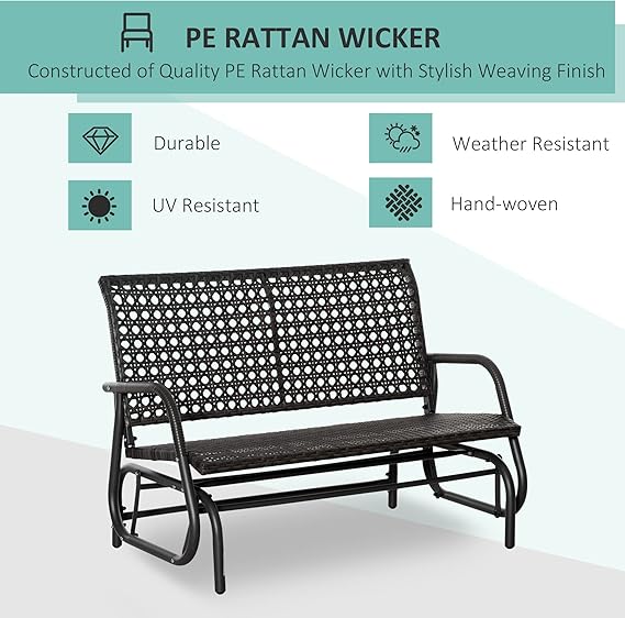 2-Person Outdoor Wicker Glider Bench, Patio Garden PE Rattan Swing Loveseat Chair with Extra Wide Seat and Curved Backrest, Dark Grey