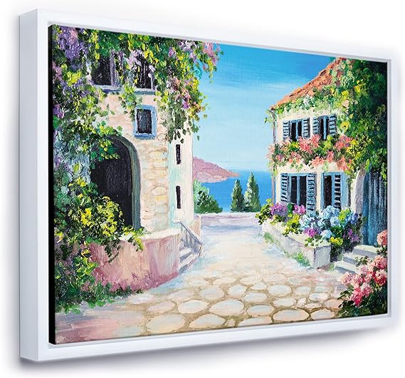 White Houses With Blossoming Flowers Near The Sea - Nautical & Coastal Framed Canvas Wall Art Print