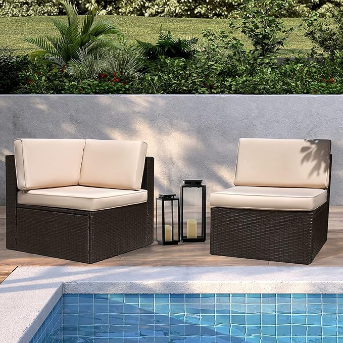 patio Furniture Sofa Sets Outdoor All-Weather Sectional Corner Sofa and Armless Sofa (Beige, 2 PCS Patio Sofa Set) - 2 BOXES