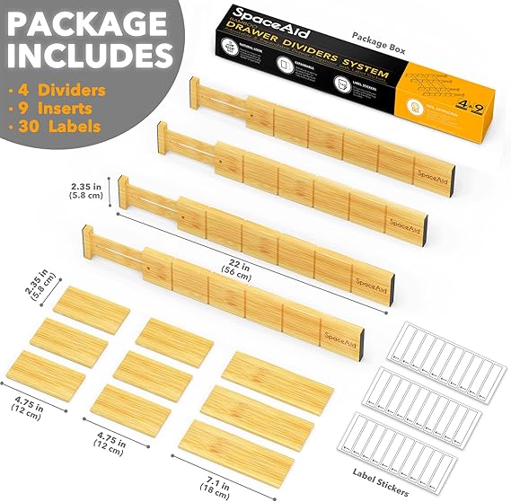 Bamboo Drawer Dividers with Inserts and Labels, Kitchen Adjustable Drawer Organizers, Expandable Organization for Home, Office, Dressers, 4 Dividers with 9 Inserts (Natural)