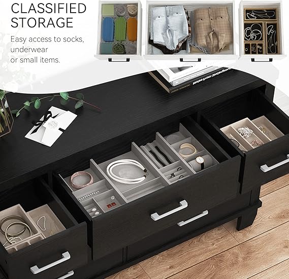 Black Dresser, Modern 7 Drawer, Large Wooden Chest with 5 Solid Wood Legs, Metal Handles, Wide Double
