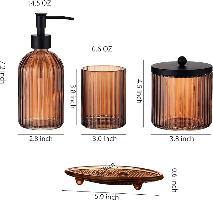 4PCs Heavy Weight Decent Glass Bathroom Accessories Set with Decorative Pressed Pattern - Includes Hand Soap Dispenser & Tumbler & Soap Dish & Toothbrush Holder (Brown)