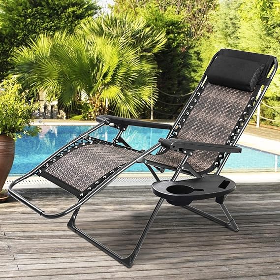 Zero Gravity Folding Recliner Chair, Adjustable Patio Lounge Chaise, Outdoor Wicker Rattan Furniture with Cup Holder and Pillow for Poolside, Yard, Beach (Gradient Brown)