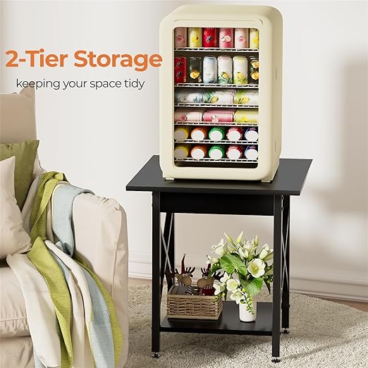 End Table, Large Square Side Tables with X-Frame, 2-Tier Storage, Black