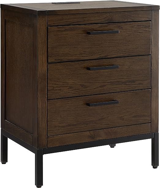 Tableau Rustic Three Drawer Nightstand Side Table with AC/USB Outlet, Brown