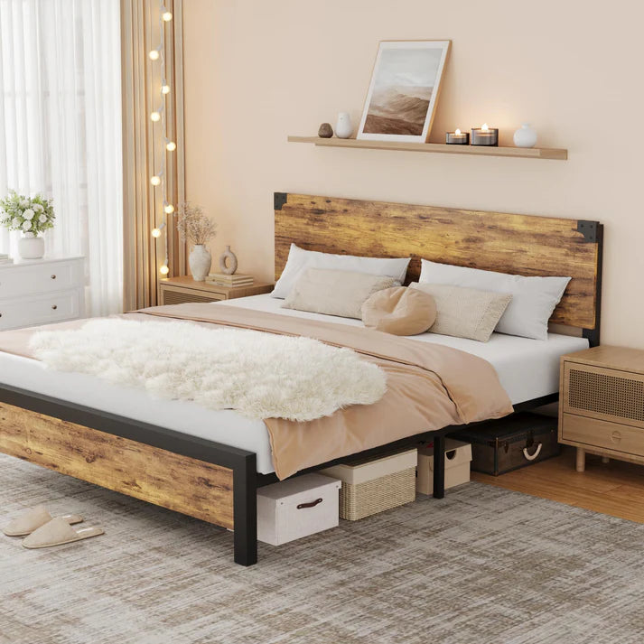 Platform King Size Bed Frame with Wood Headboard