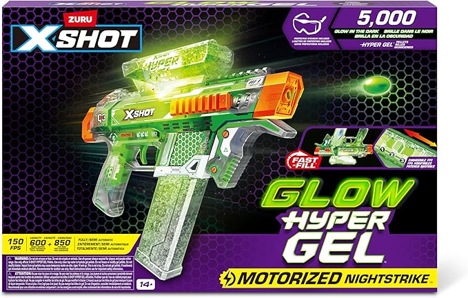 Hyper Gel Glow in The Dark NightStrike Blaster, Semi and Fully Automatic Gel Blaster & 5,000 Glow in The Dark Hyper Gel Pellets, 600 Capacity Hopper & 850 Capacity Mag