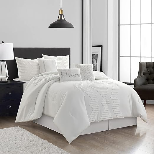 Wonderful Galatea 7 Piece Comforter Set, White, Bed Size King, Modern Design, All Season Bedding Set