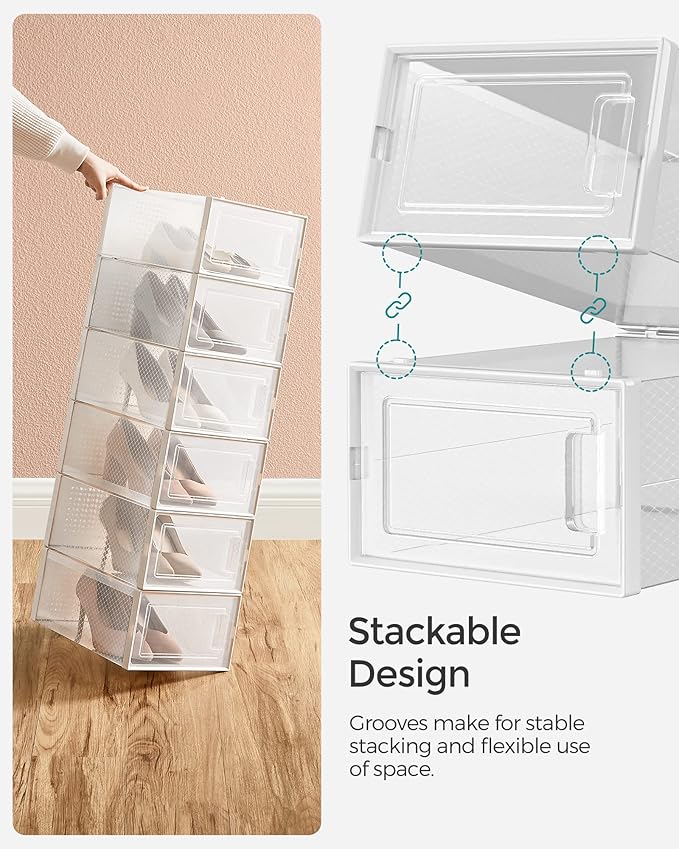 Shoe Boxes, Pack of 12, Stackable, Sneakers, Transparent and White