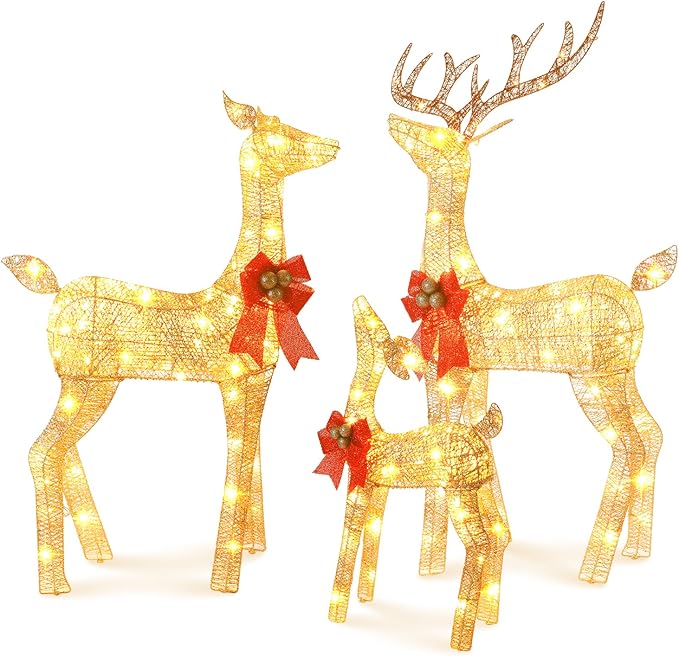 3-Piece Large Lighted Christmas Deer Family Set with Bell Bow, final cut