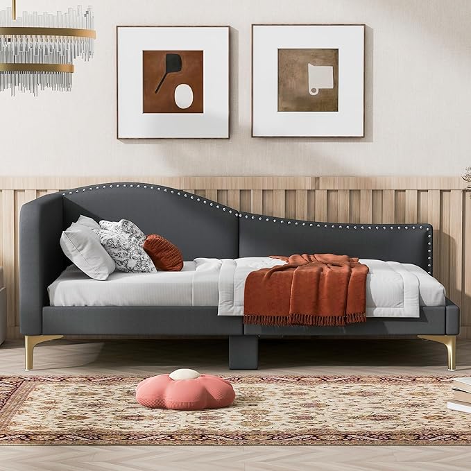 Twin Size Upholstered Daybed with Headboard and Armrest, Support Legs, Grey