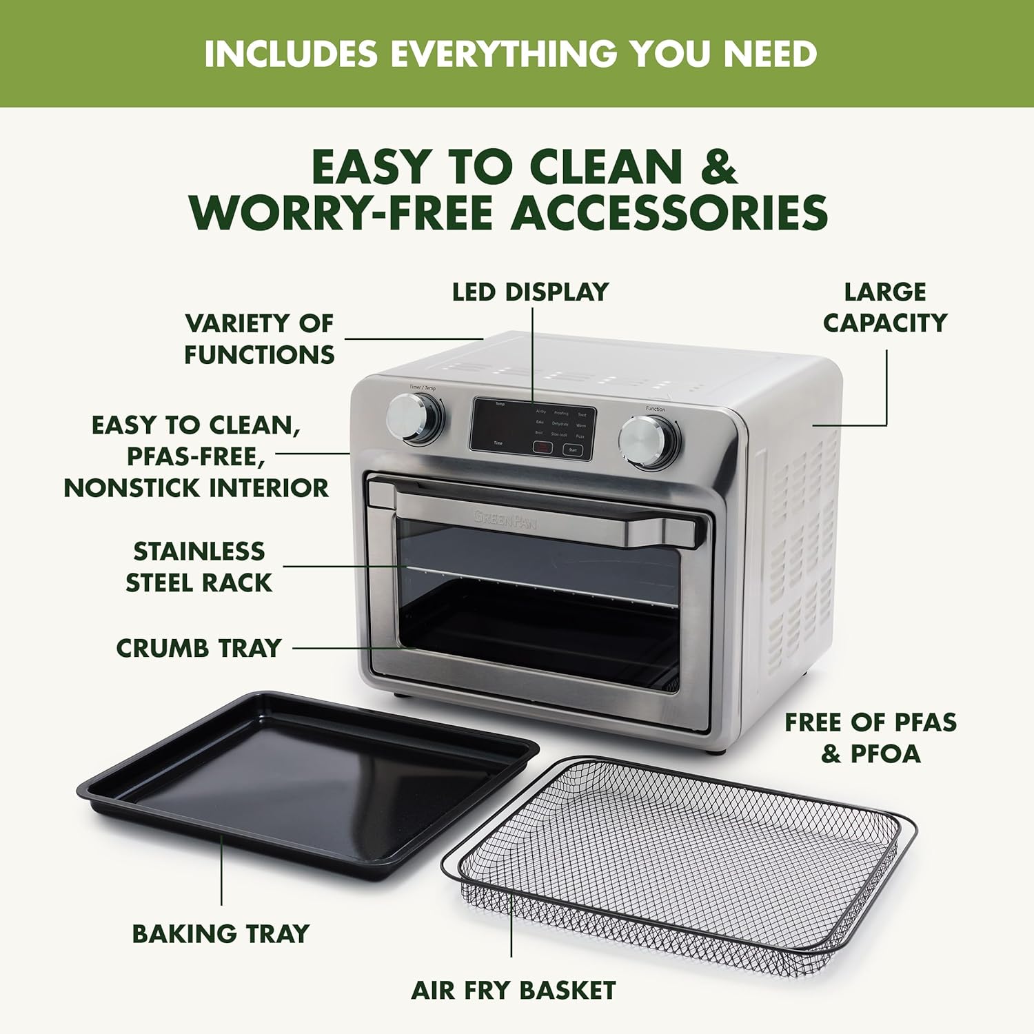 Bistro Stainless Steel 9-in-1 Air Fry Oven, Nonstick Baking Pan, Stainless Steel Rack, and Basket, Fast Heating, Multifunction Presets, Cool-Touch Handle, PFAS-Free, Easy Cleanup Crumb Tray
