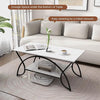 2-Tier Rectangular Coffee Table, Faux Marble Table with Open Storage Shelf, Black Finished Metal Frame, Modern Center Table (White+Black)