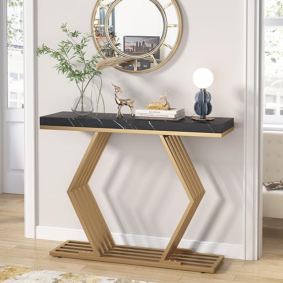Black and Gold Entryway Table with Geometric Metal Base, Modern Console Table Foyer Hallway Table for Entryway,Living Room,(Black Marble and Gold)