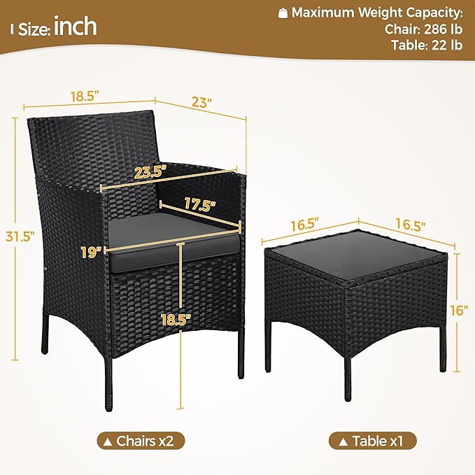 3 Pieces Patio Porch Furniture Set, Outdoor PE Rattan Wicker Conversation Set with Soft Cushions, Glass Coffee Table & 2 Chairs