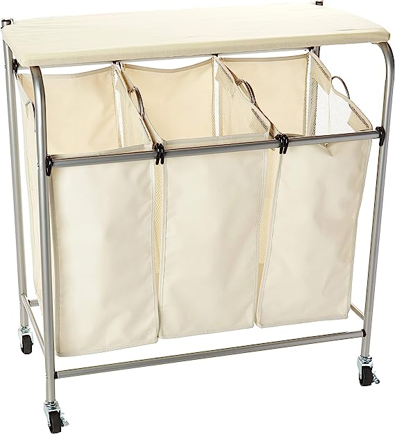 Rolling Laundry Sorter with Ironing Board, Natural