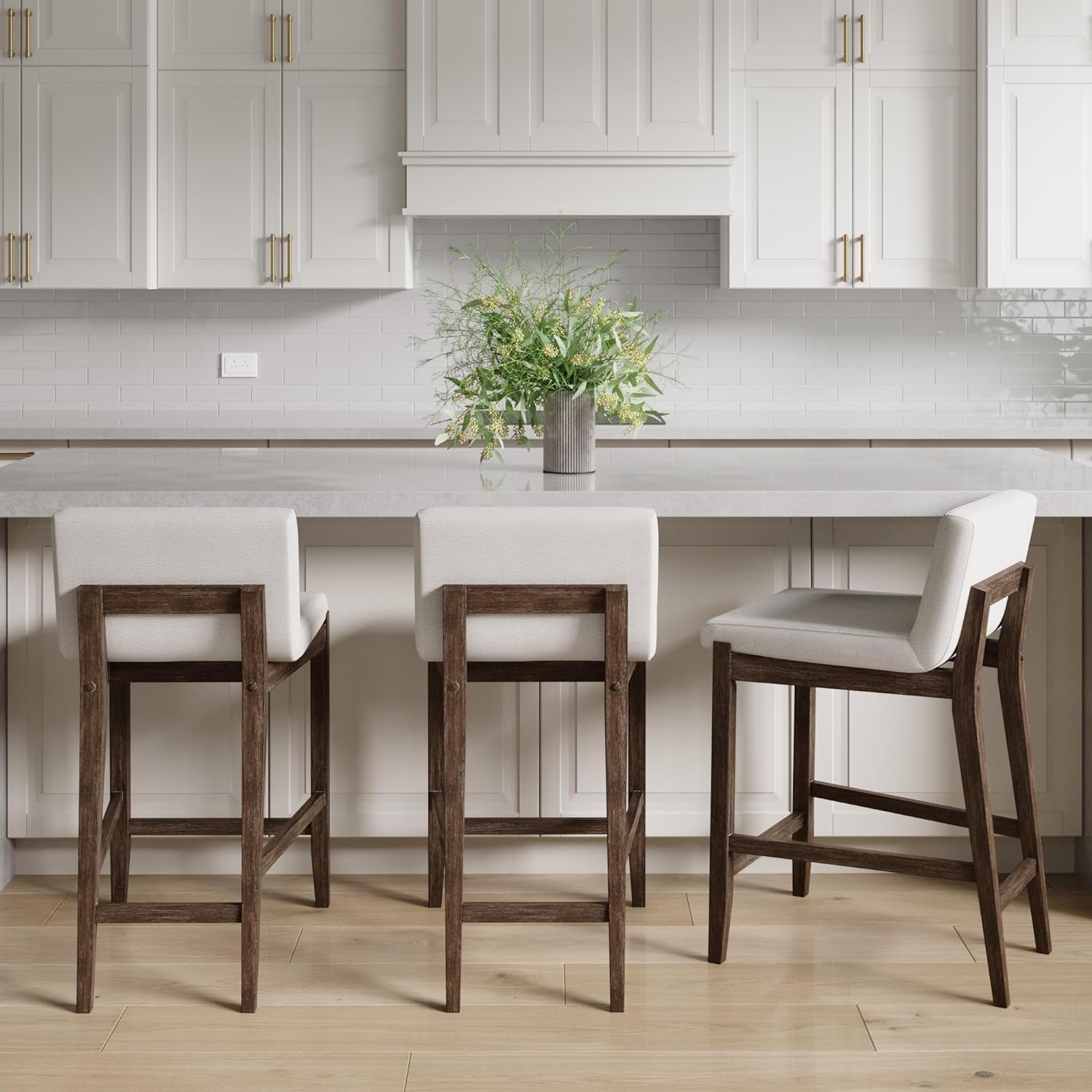 Gracie Modern Counter Height Bar Stool with Back, Counter Stool Upholstered Chair with Natural Textured Linen and Brushed Wooden Legs, White/Dark Brown