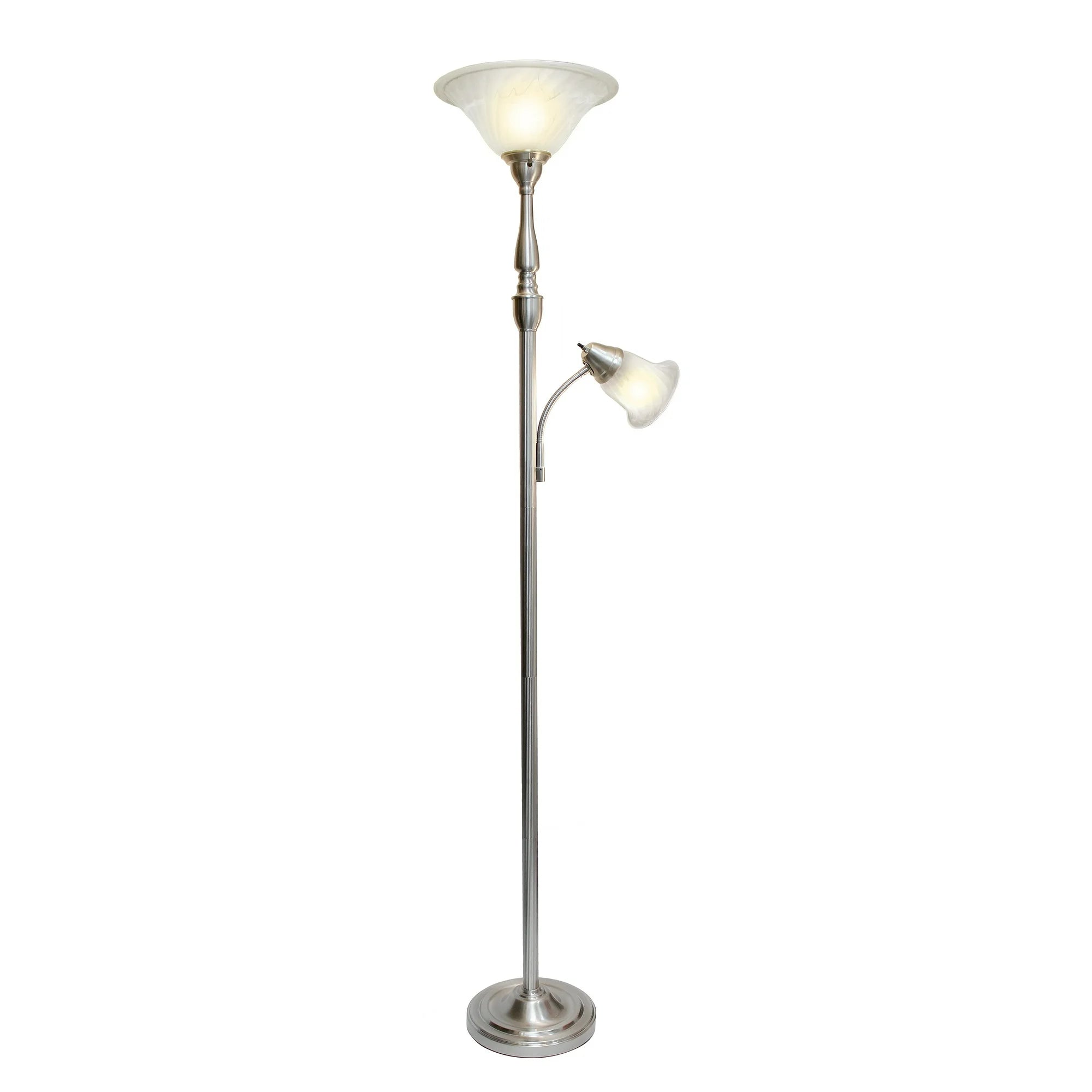 2-Light Mother Daughter Brushed Nickel Floor Lamp with White Marble Glass Shade