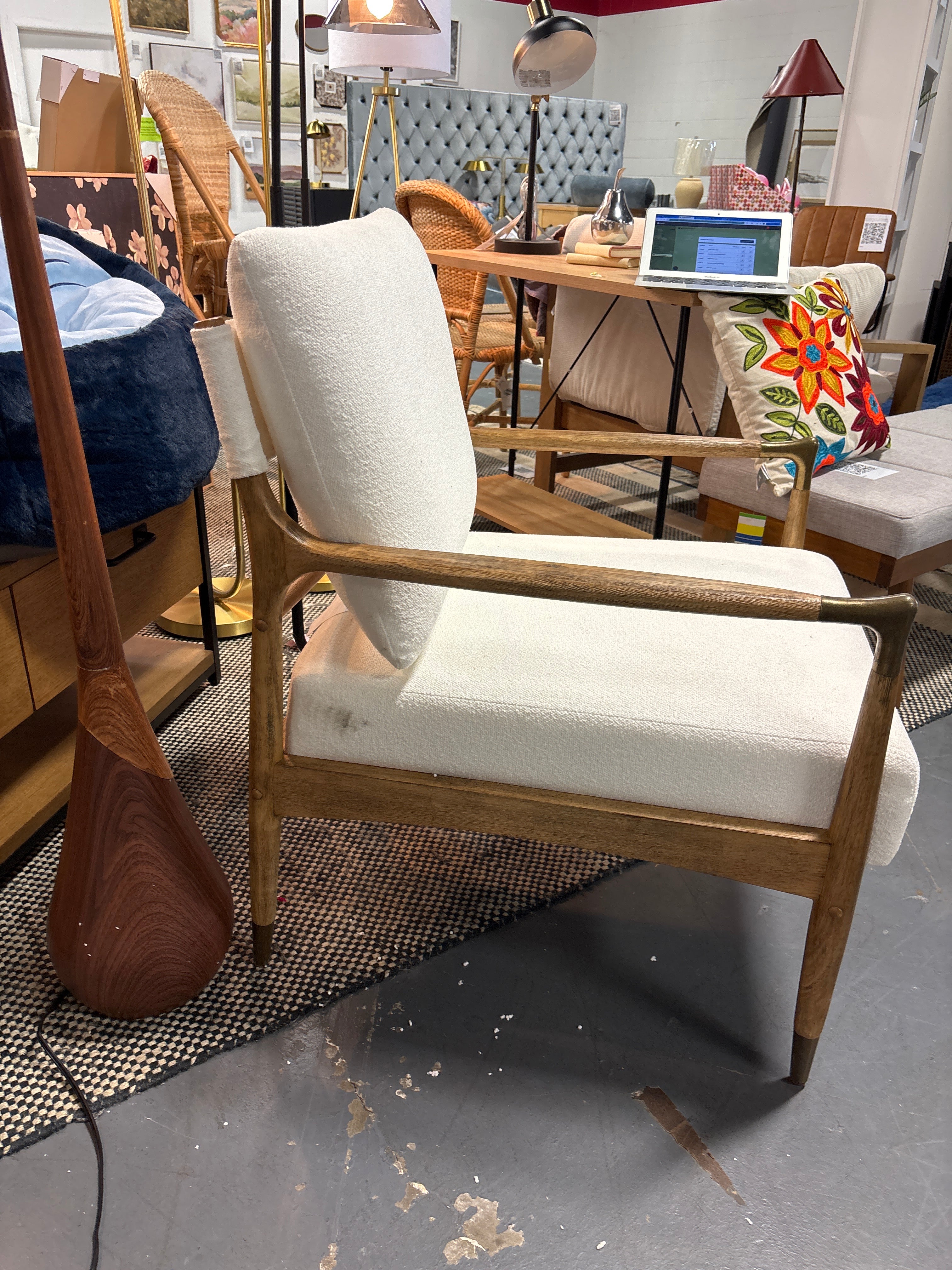 Boucle Upholstered Accent Arm Chair with Brass Details SHOWROOM ITEM