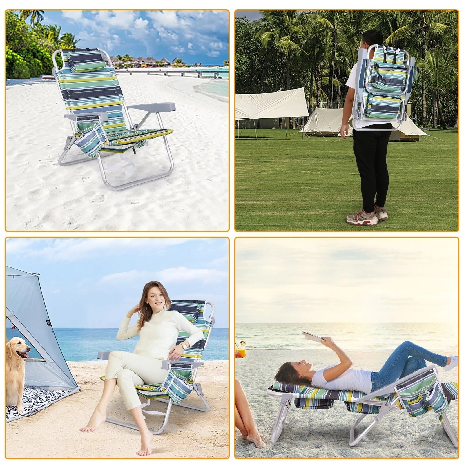 Beach Chair, Backpack Folding Chair with High Back Cooler Bag, 5-Position Reclining with Headrest, Armrest, Large Storage Pouch and Cup Holder (2-Pack Stripe)