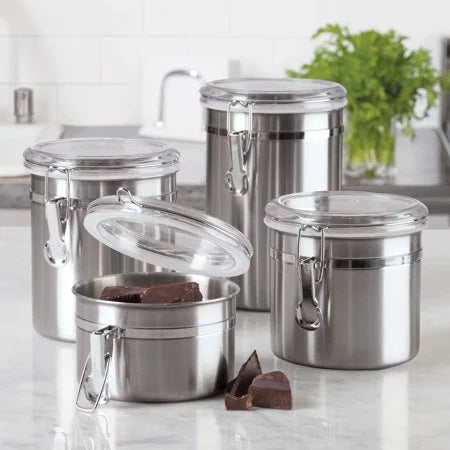 4-Piece Stainless Steel Canister Set with Acrylic Lid and Clamp