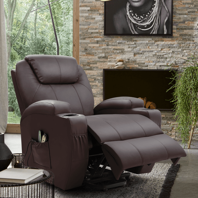 Big and Tall Brown Power Lift Recliner Chair for Elderly with Massage and Heat, Side Pockets and Cup Holders