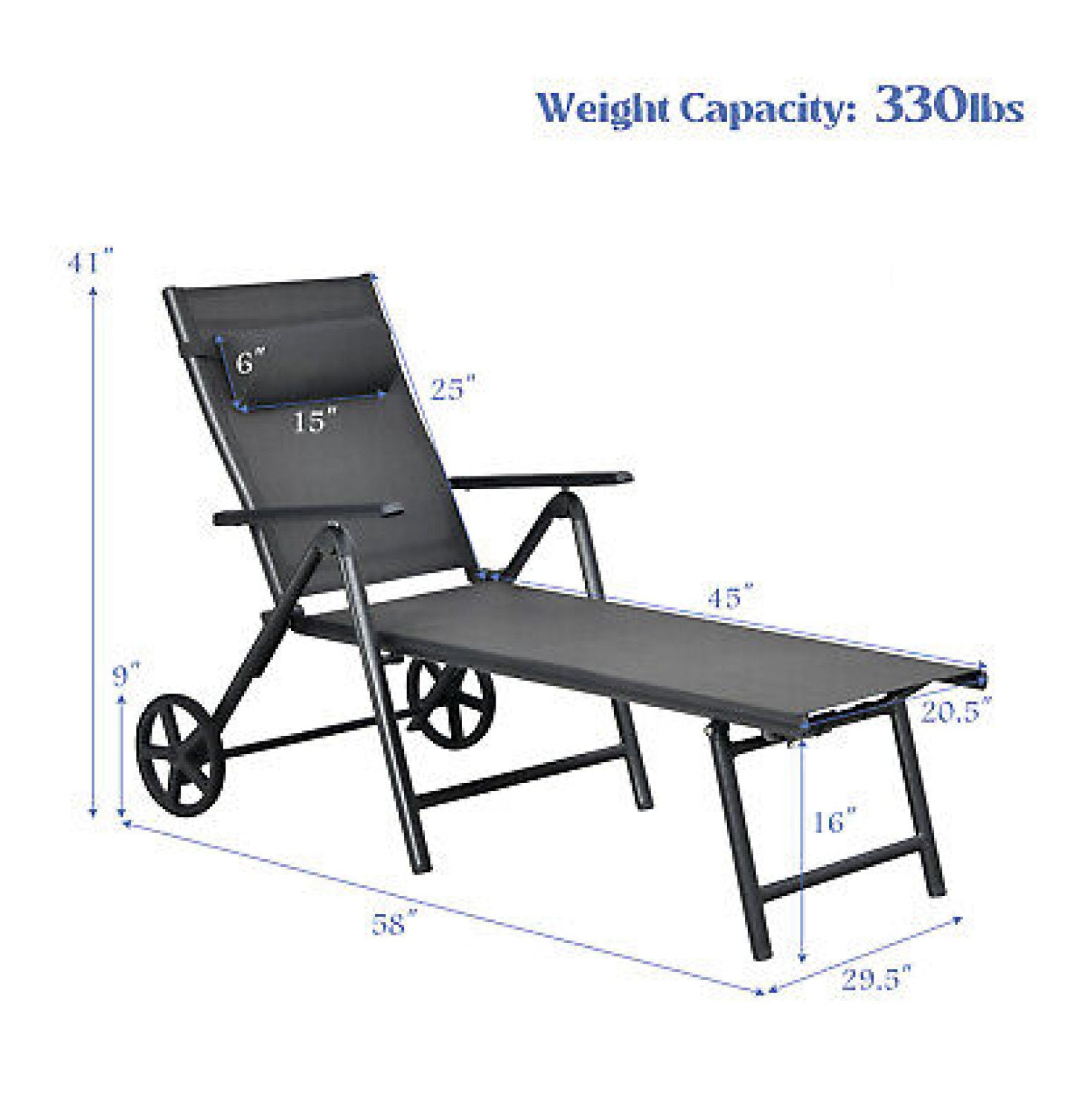 Patio Lounge Chair W/ Wheels Aluminum Frame Adjustable