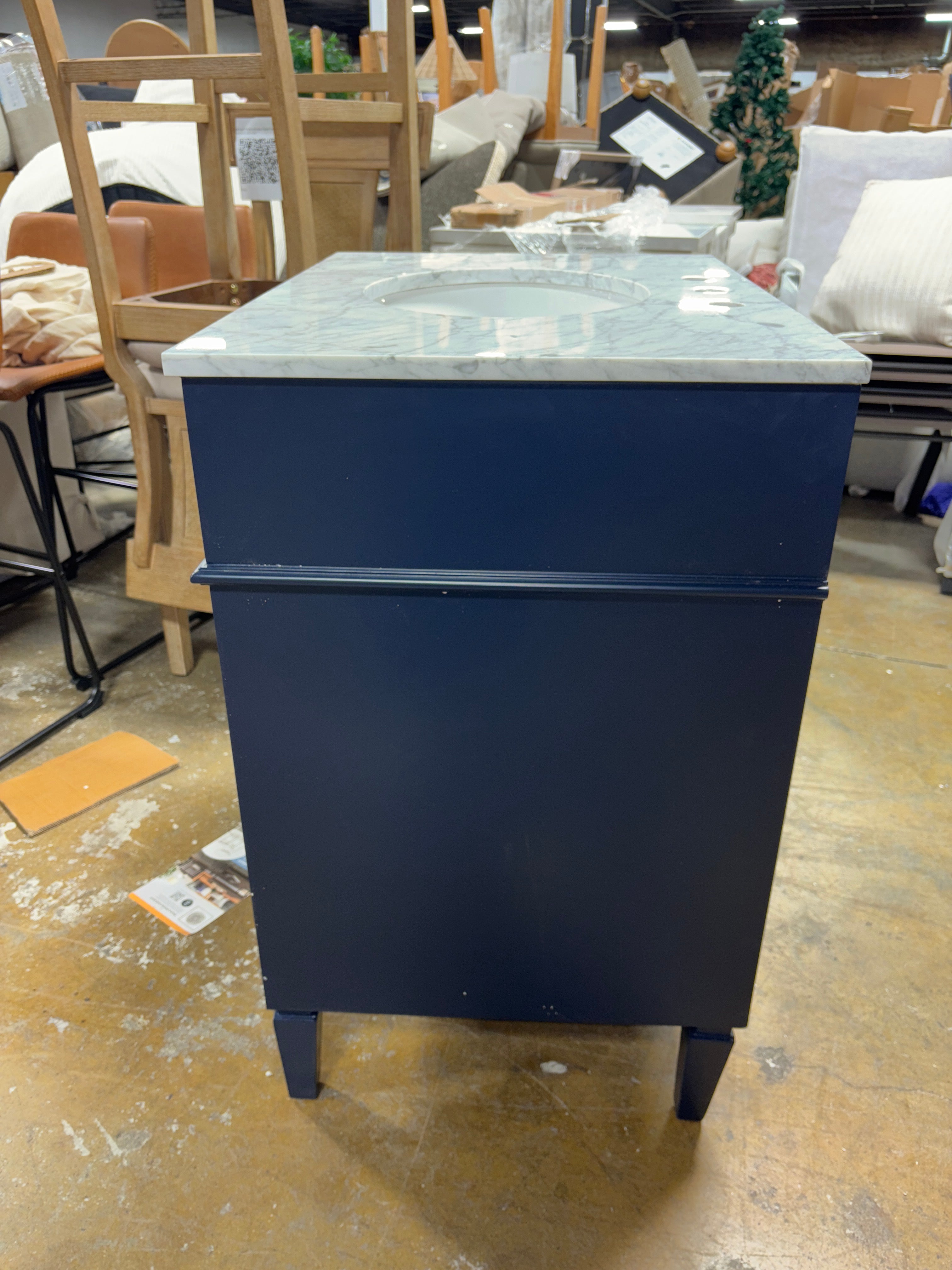 30" Blue Undermount Single Sink Bathroom Vanity with Cararra White Marble Top SHOWROOM ITEM